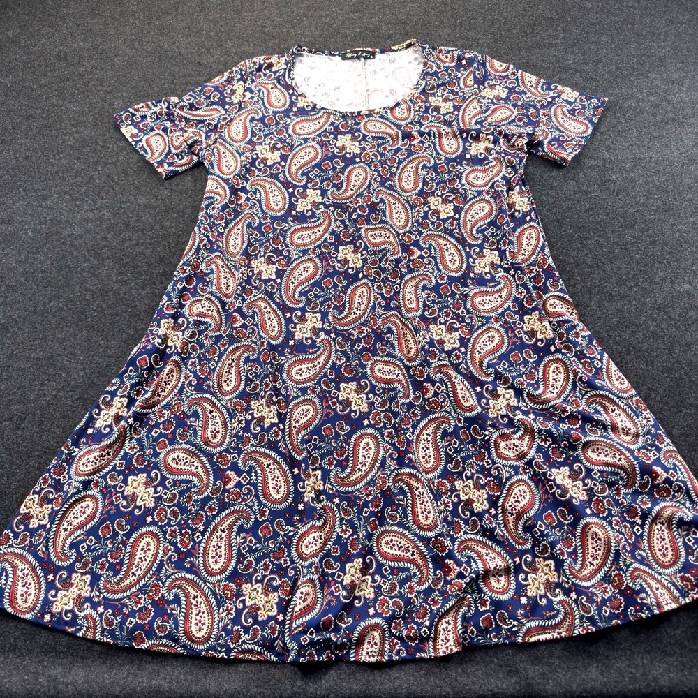 Tiffany & Grey Dress Womens 1X Navy Paisley Short Sleeve Stretch Swing Fit Flare